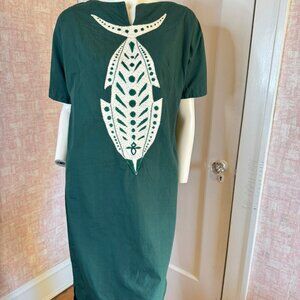 Vintage Green Cotton Fish Beaded Applique Shift Dress sz M-L